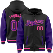 Laden Sie das Bild in den Galerie-Viewer, Uksn Individuelles Bomberjacke in Schwarz-Violett-Pink mit Druckknopfleiste, Kapuze, Zweifarben-Design und Varsity-Letterman-Stil