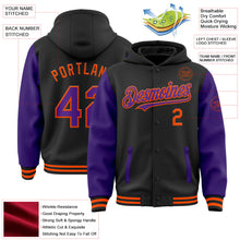 Laden Sie das Bild in den Galerie-Viewer, Uksn Individuelles Bomberjacke in Schwarz-Violett-Orange mit Druckknopfleiste, Kapuze, Zweifarben-Design und Varsity-Letterman-Stil
