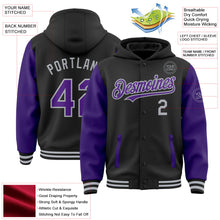 Laden Sie das Bild in den Galerie-Viewer, Uksn Individuelles Bomberjacke in Schwarz-Violett-Grau mit Druckknopfleiste, Kapuze, Zweifarben-Design und Varsity-Letterman-Stil