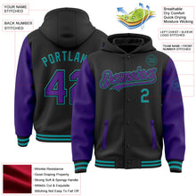 Laden Sie das Bild in den Galerie-Viewer, Uksn Individuelles Bomberjacke in Schwarz-Violett-Petrol mit Druckknopfleiste, Kapuze, Zweifarben-Design und Varsity-Letterman-Stil