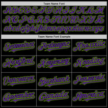 Laden Sie das Bild in den Galerie-Viewer, Uksn Individuelles Bomberjacke in Schwarz-Violett-Neongrün mit Druckknopfleiste, Kapuze, Zweifarben-Design und Varsity-Letterman-Stil