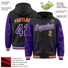 Laden Sie das Bild in den Galerie-Viewer, Uksn Individuelles Bomberjacke in Schwarz-Violett-Orange mit Druckknopfleiste, Kapuze, Zweifarben-Design und Varsity-Letterman-Stil