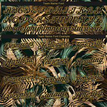 Laden Sie das Bild in den Galerie-Viewer, Uksn Individuelles Bomberjacke in Schwarz-Altgold mit 3D-Design mit tropischen Hawaii-Dschungelblättern, Druckknopfleiste, Kapuze und Varsity-Letterman-Stil