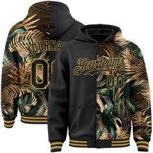 Laden Sie das Bild in den Galerie-Viewer, Uksn Individuelles Bomberjacke in Schwarz-Altgold mit 3D-Design mit tropischen Hawaii-Dschungelblättern, Druckknopfleiste, Kapuze und Varsity-Letterman-Stil