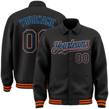 Laden Sie das Bild in den Galerie-Viewer, Uksn Individuelles Bomberjacke in Schwarz-Puderblau-Orange mit Byron-Stil, Reverskragen, Druckknopfleiste und Varsity-Letterman-Stil