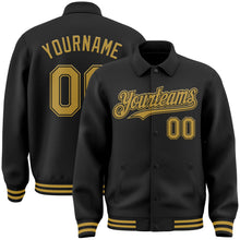 Laden Sie das Bild in den Galerie-Viewer, Uksn Individuelles Bomberjacke in Schwarz-Altgold mit Byron-Stil, Reverskragen, Druckknopfleiste und Varsity-Letterman-Stil
