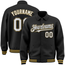 Laden Sie das Bild in den Galerie-Viewer, Uksn Individuelles Bomberjacke in Schwarz-Weiß-Altgold mit Byron-Stil, Reverskragen, Druckknopfleiste und Varsity-Letterman-Stil
