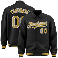 Laden Sie das Bild in den Galerie-Viewer, Uksn Individuelles Bomberjacke in Schwarz-Altgold-Weiß mit Byron-Stil, Reverskragen, Druckknopfleiste und Varsity-Letterman-Stil