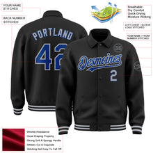 Laden Sie das Bild in den Galerie-Viewer, Uksn Individuelles Bomberjacke in Schwarz-Royalblau-Grau mit Byron-Stil, Reverskragen, Druckknopfleiste und Varsity-Letterman-Stil