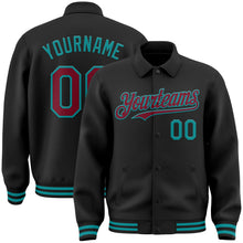 Laden Sie das Bild in den Galerie-Viewer, Uksn Individuelles Bomberjacke in Schwarz-Karmesinrot-Petrol mit Byron-Stil, Reverskragen, Druckknopfleiste und Varsity-Letterman-Stil