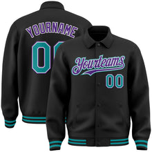 Laden Sie das Bild in den Galerie-Viewer, Uksn Individuelles Bomberjacke in Schwarz-Petrol-Violett mit Byron-Stil, Reverskragen, Druckknopfleiste und Varsity-Letterman-Stil