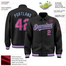 Laden Sie das Bild in den Galerie-Viewer, Uksn Individuelles Bomberjacke in Schwarz-Pink-Hellblau mit Byron-Stil, Reverskragen, Druckknopfleiste und Varsity-Letterman-Stil