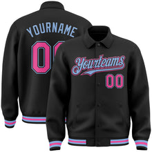 Laden Sie das Bild in den Galerie-Viewer, Uksn Individuelles Bomberjacke in Schwarz-Pink-Hellblau mit Byron-Stil, Reverskragen, Druckknopfleiste und Varsity-Letterman-Stil