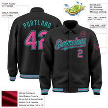 Laden Sie das Bild in den Galerie-Viewer, Uksn Individuelles Bomberjacke in Schwarz-Pink-Aqua mit Byron-Stil, Reverskragen, Druckknopfleiste und Varsity-Letterman-Stil