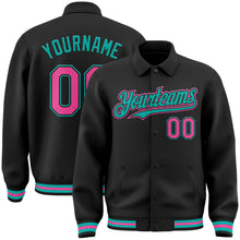 Laden Sie das Bild in den Galerie-Viewer, Uksn Individuelles Bomberjacke in Schwarz-Pink-Aqua mit Byron-Stil, Reverskragen, Druckknopfleiste und Varsity-Letterman-Stil