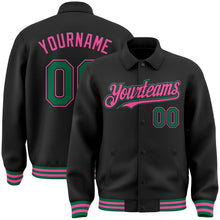 Laden Sie das Bild in den Galerie-Viewer, Uksn Individuelles Bomberjacke in Schwarz-Kelly-Grün-Pink mit Byron-Stil, Reverskragen, Druckknopfleiste und Varsity-Letterman-Stil