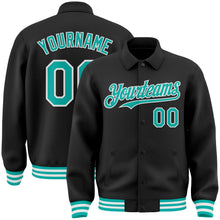 Laden Sie das Bild in den Galerie-Viewer, Uksn Individuelles Bomberjacke in Schwarz-Aqua-Weiß mit Byron-Stil, Reverskragen, Druckknopfleiste und Varsity-Letterman-Stil