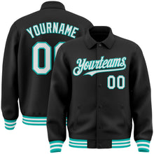 Laden Sie das Bild in den Galerie-Viewer, Uksn Individuelles Bomberjacke in Schwarz-Weiß-Aqua mit Byron-Stil, Reverskragen, Druckknopfleiste und Varsity-Letterman-Stil