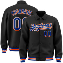Laden Sie das Bild in den Galerie-Viewer, Uksn Individuelles Bomberjacke in Schwarz-Royalblau-Orange mit Byron-Stil, Reverskragen, Druckknopfleiste und Varsity-Letterman-Stil