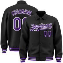 Laden Sie das Bild in den Galerie-Viewer, Uksn Individuelles Bomberjacke in Schwarz-Violett-Weiß mit Byron-Stil, Reverskragen, Druckknopfleiste und Varsity-Letterman-Stil