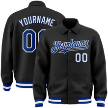Laden Sie das Bild in den Galerie-Viewer, Uksn Individuelles Bomberjacke in Schwarz-Royalblau-Weiß mit Byron-Stil, Reverskragen, Druckknopfleiste und Varsity-Letterman-Stil