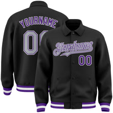 Laden Sie das Bild in den Galerie-Viewer, Uksn Individuelles Bomberjacke in Schwarz-Grau-Violett mit Byron-Stil, Reverskragen, Druckknopfleiste und Varsity-Letterman-Stil