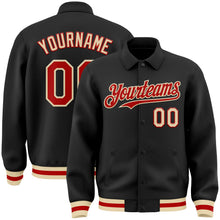 Laden Sie das Bild in den Galerie-Viewer, Uksn Individuelles Bomberjacke in Schwarz-Rot-Creme mit Byron-Stil, Reverskragen, Druckknopfleiste und Varsity-Letterman-Stil