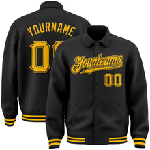 Laden Sie das Bild in den Galerie-Viewer, Uksn Individuelles Bomberjacke in Schwarz-Gold mit Byron-Stil, Reverskragen, Druckknopfleiste und Varsity-Letterman-Stil