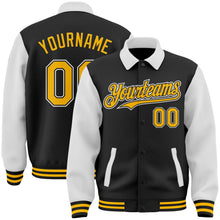 Laden Sie das Bild in den Galerie-Viewer, Uksn Individuelles Bomberjacke in Schwarz-Gold-Weiß mit Byron-Stil, Reverskragen, Druckknopfleiste, Zweifarben-Design und Varsity-Letterman-Stil