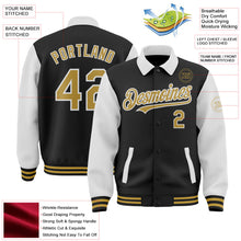 Laden Sie das Bild in den Galerie-Viewer, Uksn Individuelles Bomberjacke in Schwarz-Altgold-Weiß mit Byron-Stil, Reverskragen, Druckknopfleiste, Zweifarben-Design und Varsity-Letterman-Stil