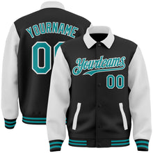 Laden Sie das Bild in den Galerie-Viewer, Uksn Individuelles Bomberjacke in Schwarz-Petrol-Weiß mit Byron-Stil, Reverskragen, Druckknopfleiste, Zweifarben-Design und Varsity-Letterman-Stil
