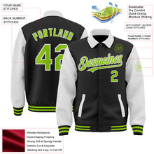 Laden Sie das Bild in den Galerie-Viewer, Uksn Individuelles Bomberjacke in Schwarz-Neongrün-Weiß mit Byron-Stil, Reverskragen, Druckknopfleiste, Zweifarben-Design und Varsity-Letterman-Stil