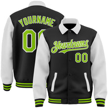 Laden Sie das Bild in den Galerie-Viewer, Uksn Individuelles Bomberjacke in Schwarz-Neongrün-Weiß mit Byron-Stil, Reverskragen, Druckknopfleiste, Zweifarben-Design und Varsity-Letterman-Stil