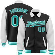 Laden Sie das Bild in den Galerie-Viewer, Uksn Individuelles Bomberjacke in Schwarz-Aqua-Weiß mit Byron-Stil, Reverskragen, Druckknopfleiste, Zweifarben-Design und Varsity-Letterman-Stil