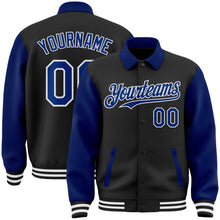 Laden Sie das Bild in den Galerie-Viewer, Uksn Individuelles Bomberjacke in Schwarz-Royalblau-Weiß mit Byron-Stil, Reverskragen, Druckknopfleiste, Zweifarben-Design und Varsity-Letterman-Stil