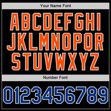 Laden Sie das Bild in den Galerie-Viewer, Uksn Individuelles Bomberjacke in Schwarz-Royalblau-Orange mit Byron-Stil, Reverskragen, Druckknopfleiste, Zweifarben-Design und Varsity-Letterman-Stil