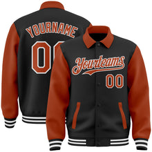 Laden Sie das Bild in den Galerie-Viewer, Uksn Individuelles Bomberjacke in Schwarz-Texas-Orange-Weiß mit Byron-Stil, Reverskragen, Druckknopfleiste, Zweifarben-Design und Varsity-Letterman-Stil