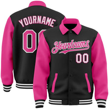 Laden Sie das Bild in den Galerie-Viewer, Uksn Individuelles Bomberjacke in Schwarz-Pink-Weiß mit Byron-Stil, Reverskragen, Druckknopfleiste, Zweifarben-Design und Varsity-Letterman-Stil