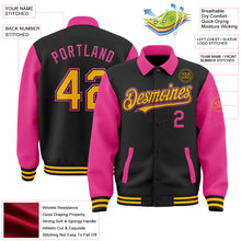 Laden Sie das Bild in den Galerie-Viewer, Uksn Individuelles Bomberjacke in Schwarz-Gold-Pink mit Byron-Stil, Reverskragen, Druckknopfleiste, Zweifarben-Design und Varsity-Letterman-Stil