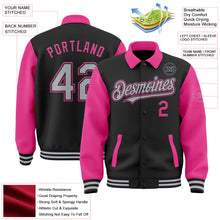 Laden Sie das Bild in den Galerie-Viewer, Uksn Individuelles Bomberjacke in Schwarz-Grau-Pink mit Byron-Stil, Reverskragen, Druckknopfleiste, Zweifarben-Design und Varsity-Letterman-Stil