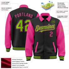 Laden Sie das Bild in den Galerie-Viewer, Uksn Individuelles Bomberjacke in Schwarz-Neongrün-Pink mit Byron-Stil, Reverskragen, Druckknopfleiste, Zweifarben-Design und Varsity-Letterman-Stil