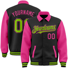 Laden Sie das Bild in den Galerie-Viewer, Uksn Individuelles Bomberjacke in Schwarz-Neongrün-Pink mit Byron-Stil, Reverskragen, Druckknopfleiste, Zweifarben-Design und Varsity-Letterman-Stil