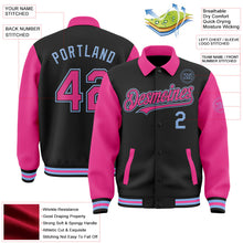 Laden Sie das Bild in den Galerie-Viewer, Uksn Individuelles Bomberjacke in Schwarz-Pink-Hellblau mit Byron-Stil, Reverskragen, Druckknopfleiste, Zweifarben-Design und Varsity-Letterman-Stil