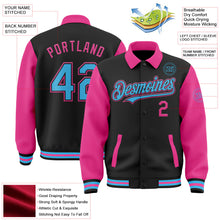 Laden Sie das Bild in den Galerie-Viewer, Uksn Individuelles Bomberjacke in Schwarz-Himmelblau-Pink mit Byron-Stil, Reverskragen, Druckknopfleiste, Zweifarben-Design und Varsity-Letterman-Stil