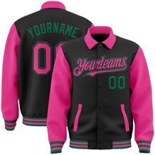 Laden Sie das Bild in den Galerie-Viewer, Uksn Individuelles Bomberjacke in Schwarz-Pink-Kelly-Grün mit Byron-Stil, Reverskragen, Druckknopfleiste, Zweifarben-Design und Varsity-Letterman-Stil