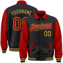 Laden Sie das Bild in den Galerie-Viewer, Uksn Individuelles Bomberjacke in Schwarz-Rot-Altgold mit Byron-Stil, Reverskragen, Druckknopfleiste, Zweifarben-Design und Varsity-Letterman-Stil