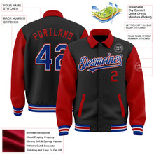 Laden Sie das Bild in den Galerie-Viewer, Uksn Individuelles Bomberjacke in Schwarz-Royalblau-Rot mit Byron-Stil, Reverskragen, Druckknopfleiste, Zweifarben-Design und Varsity-Letterman-Stil