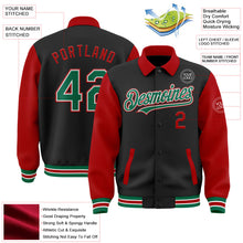 Laden Sie das Bild in den Galerie-Viewer, Uksn Individuelles Bomberjacke in Schwarz-Kelly-Grün-Rot mit Byron-Stil, Reverskragen, Druckknopfleiste, Zweifarben-Design und Varsity-Letterman-Stil