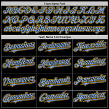 Laden Sie das Bild in den Galerie-Viewer, Uksn Individuelles Bomberjacke in Schwarz-Hellblau-Gold mit Byron-Stil, Reverskragen, Druckknopfleiste, Zweifarben-Design und Varsity-Letterman-Stil