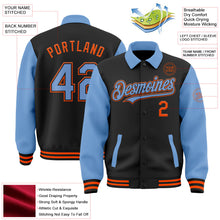 Laden Sie das Bild in den Galerie-Viewer, Uksn Individuelles Bomberjacke in Schwarz-Hellblau-Orange mit Byron-Stil, Reverskragen, Druckknopfleiste, Zweifarben-Design und Varsity-Letterman-Stil